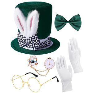 9422 White Rabbit Costume Mad Hatter Set Bunny Ear Top Hat